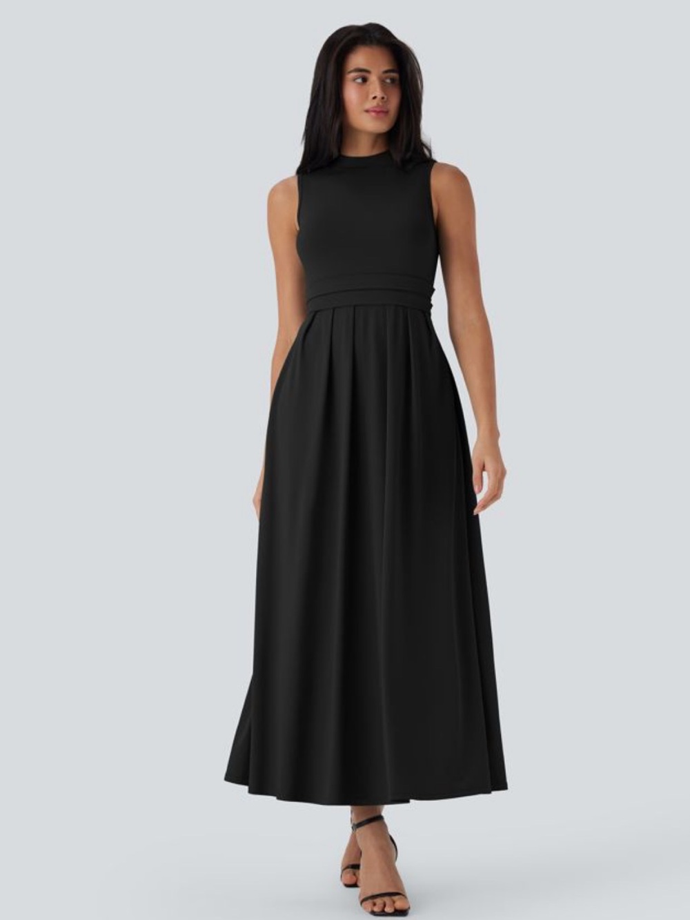 NWT Halara Black Stand Collar Sleeveless Flare Maxi Casual Dress XS Pockets